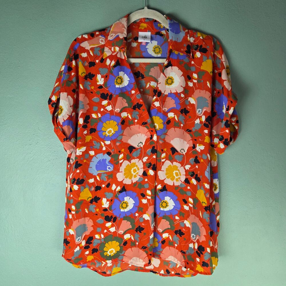 Cabi Womens Small Visionary Replay Floral Short Sleeve Blouse Spring Retro Boho